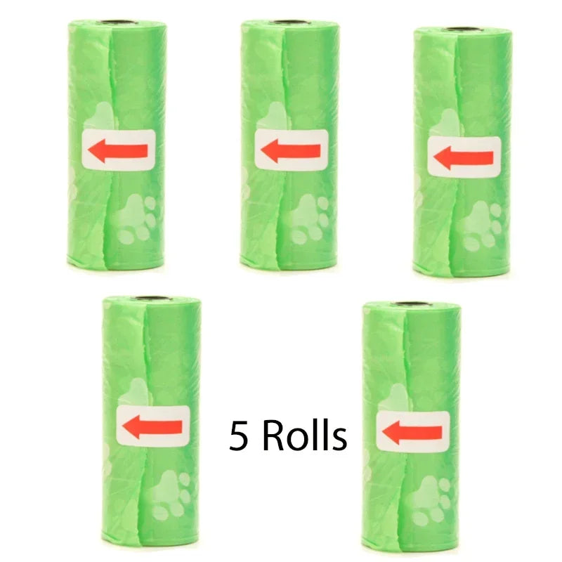 Five rolls of reusable pet poop bags in light green with red arrows indicating direction