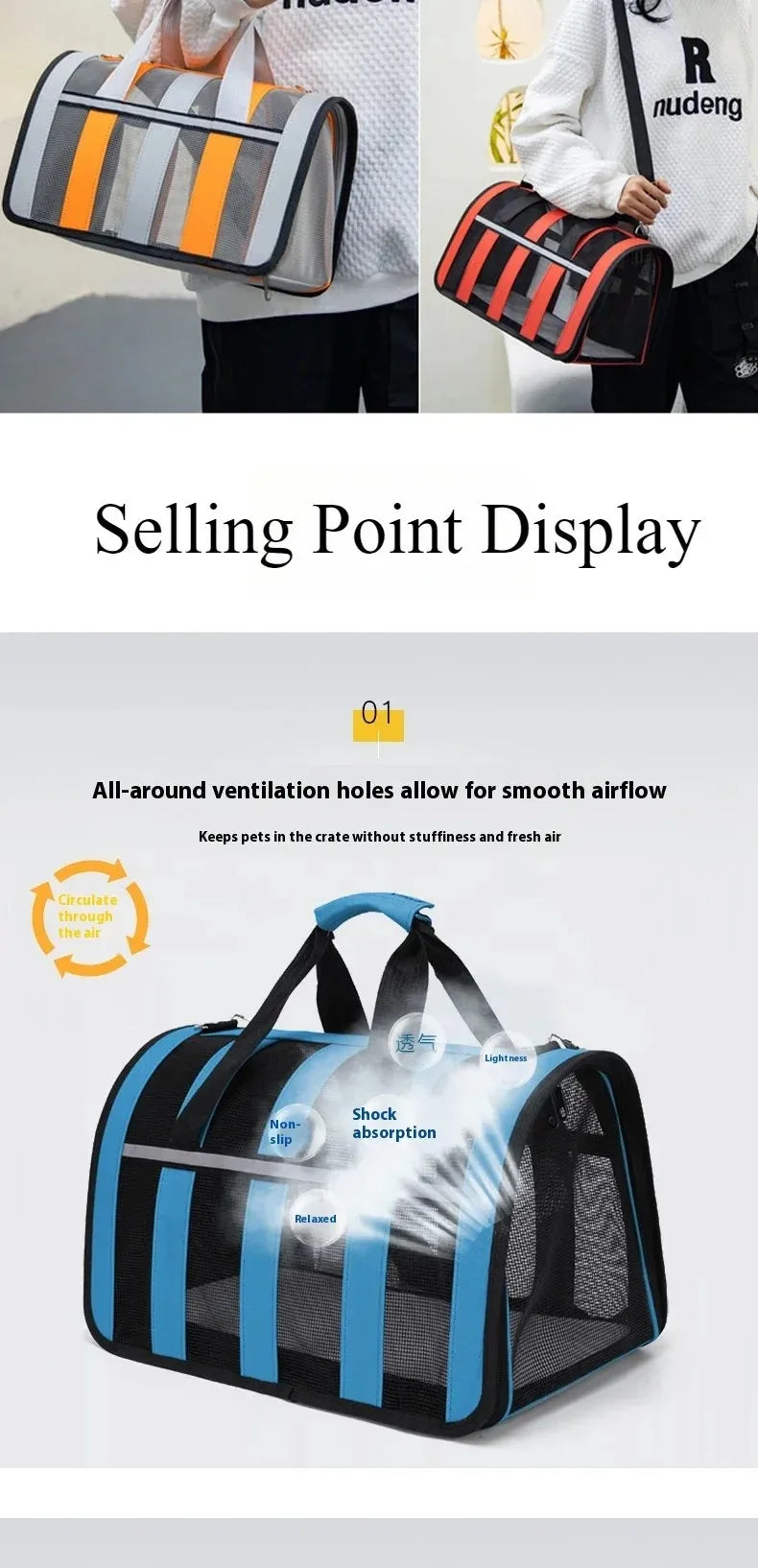 Black and blue foldable mesh pet carrier with shoulder strap shown in a display context.