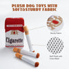 A set of plush dog toys, including a cigarette box and several cylindrical soft fabric toys.