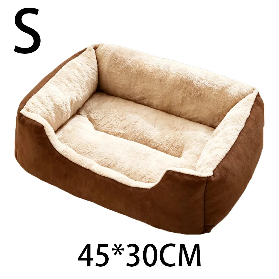 A brown plush pet bed with a light beige, fluffy lining and anti-slip base.