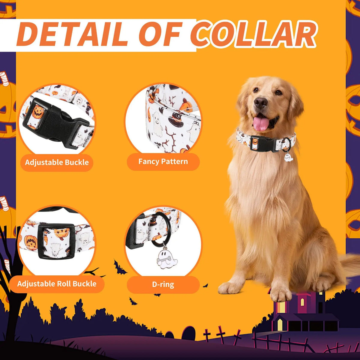 Detail of a Halloween pet collar showing an adjustable buckle, fancy pattern, and D-ring on a golden retriever.