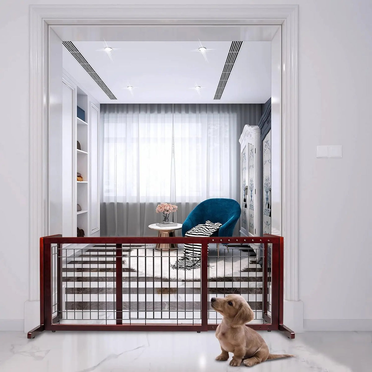 A wooden pet gate with a black grid is shown in a white room, featuring a blue chair and a window.