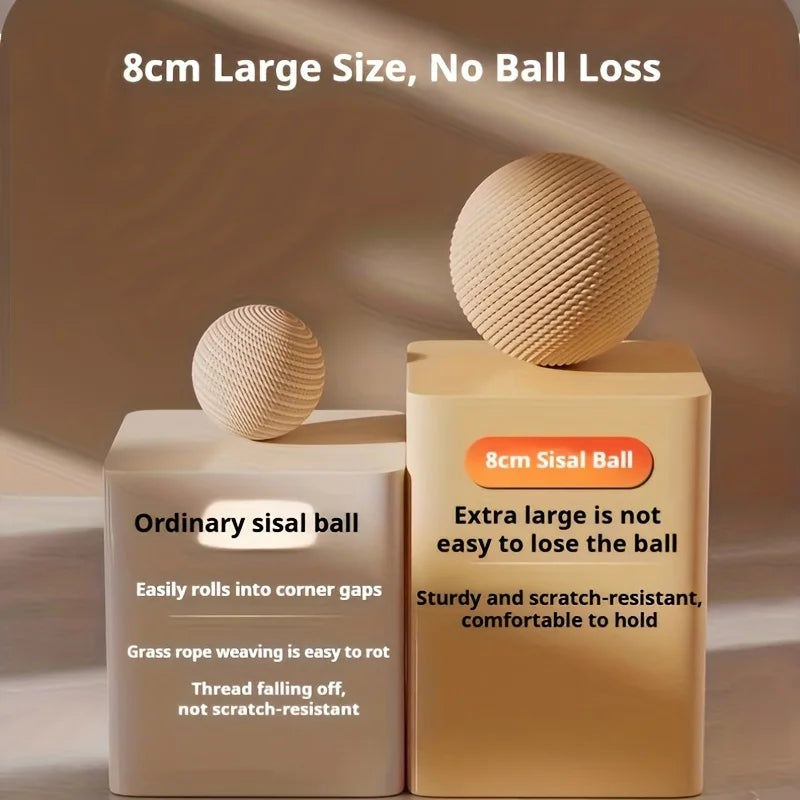 A comparison of an ordinary sisal ball and an extra large sisal ball, highlighting the larger size and durability.
