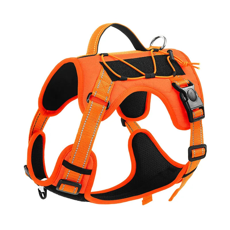 Orange tactical dog harness with black padding and reflective trim