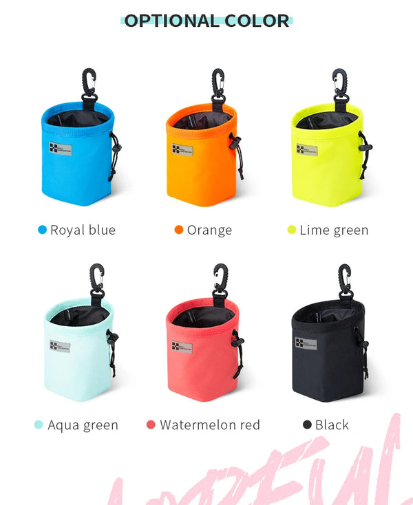 A set of optional color portable dog training treat pouches in royal blue, orange, lime green, aqua green, watermelon red, an