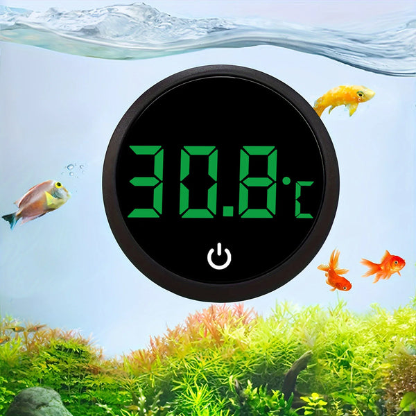 A digital aquarium thermometer displaying 30.8°C is shown underwater with fish and aquatic plants.