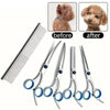 Set of professional stainless steel pet grooming scissors and comb shown with before and after results on a dog's fur