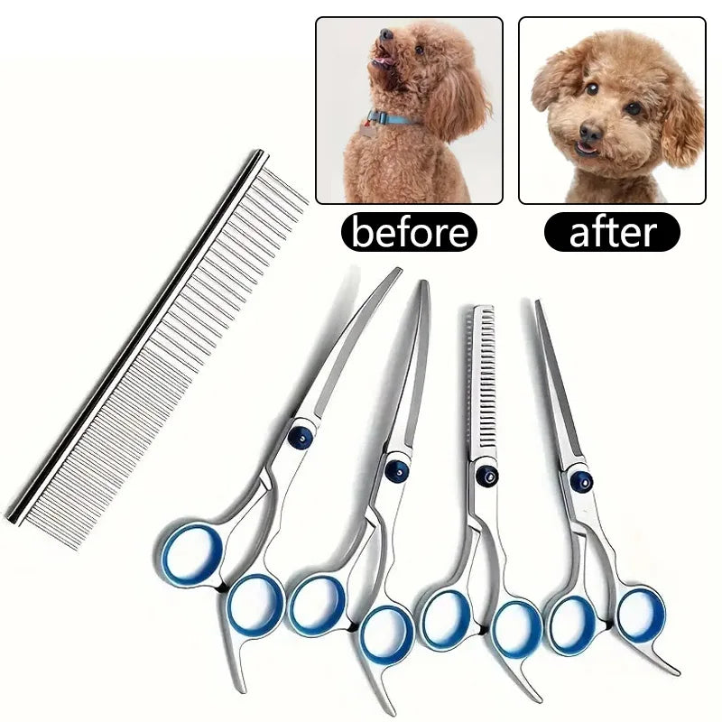 Set of professional stainless steel pet grooming scissors and comb shown with before and after results on a dog's fur