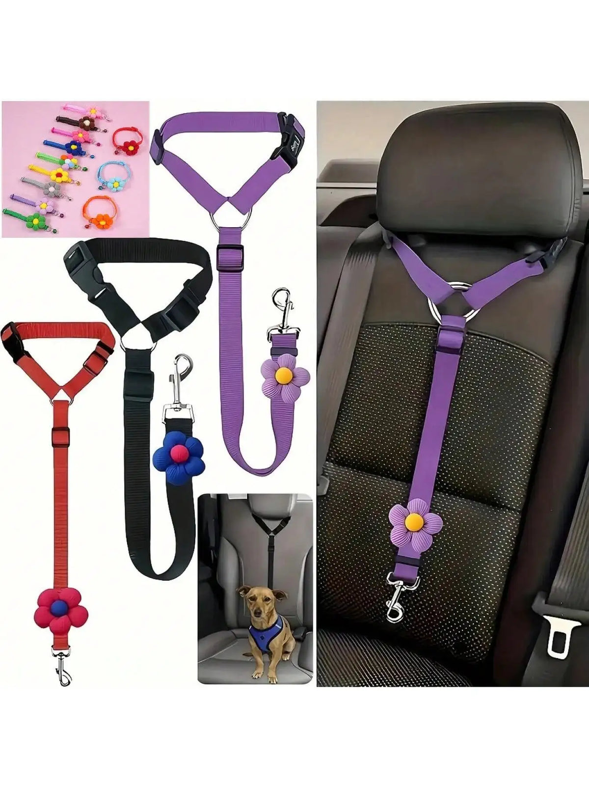 Purple and red adjustable pet car seat belt with floral accents shown on a seat.