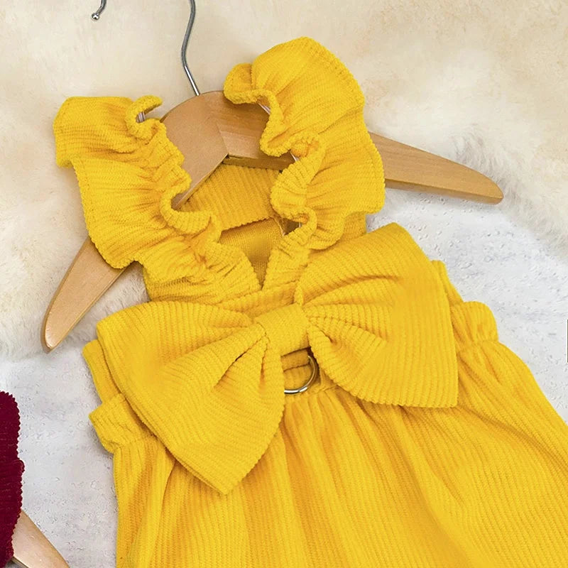 Vintage Corduroy Pet Dress with Bow and Ruffle Skirt