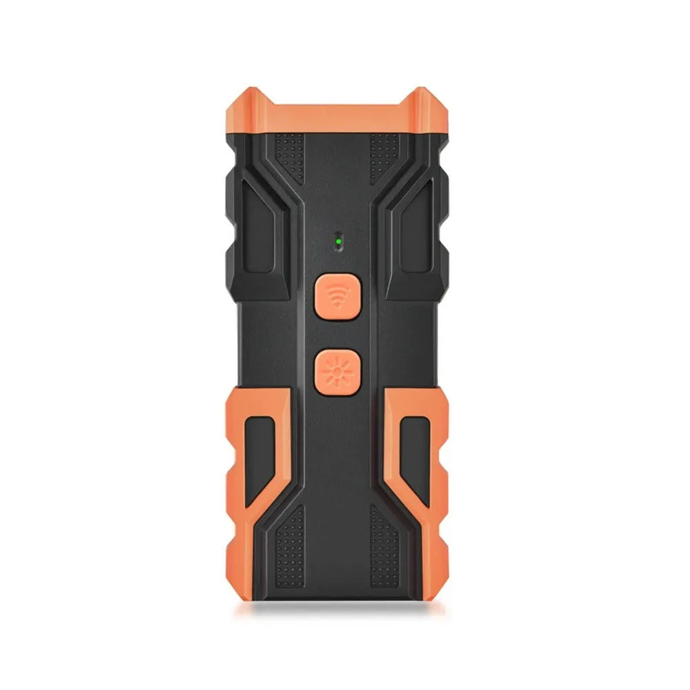 Black and orange handheld ultrasonic dog bark deterrent device with an LED light.