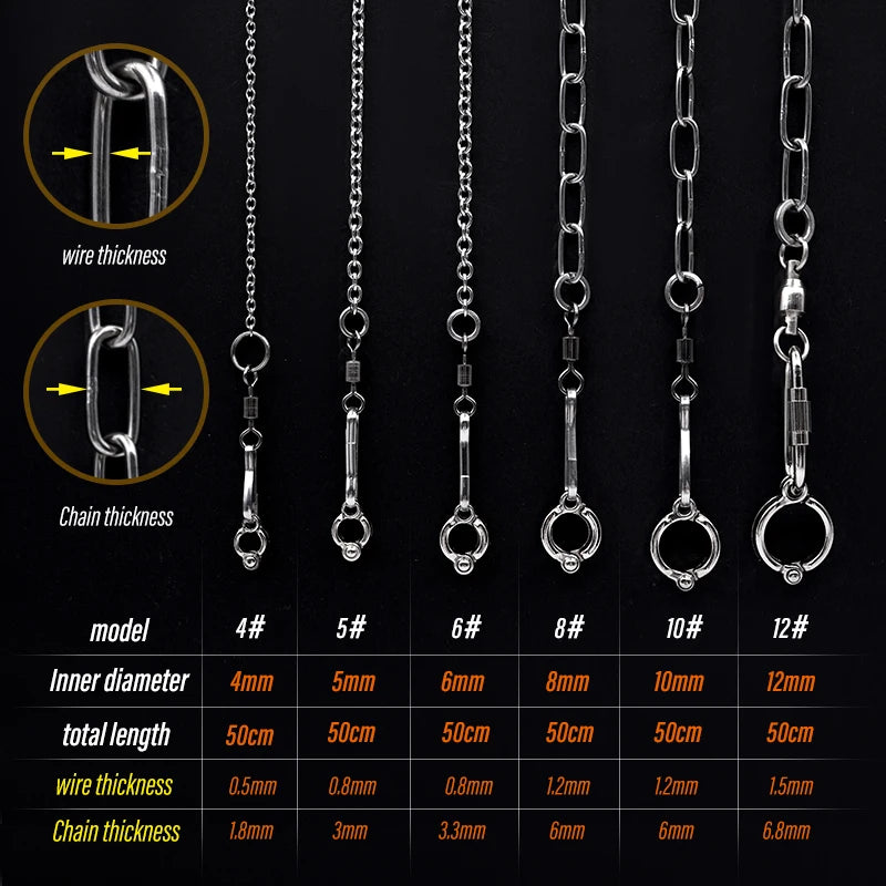Stainless steel parrot training anklets shown with various sizes and wire thicknesses.