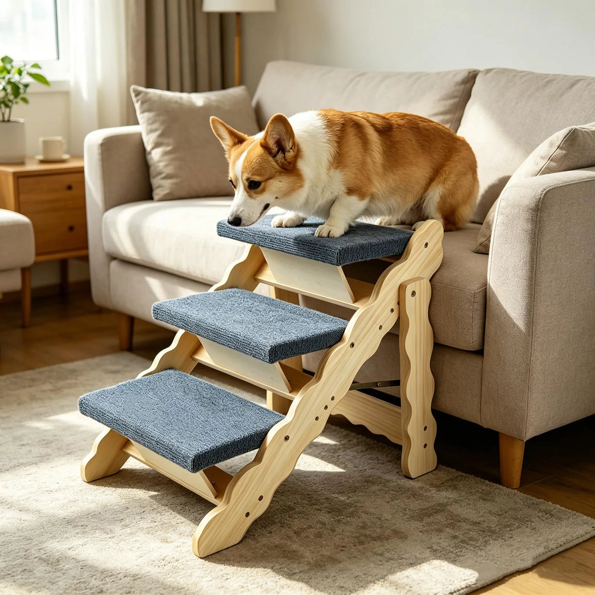 A fluffy orange and white dog is resting on a wooden pet stairs ramp indoors.