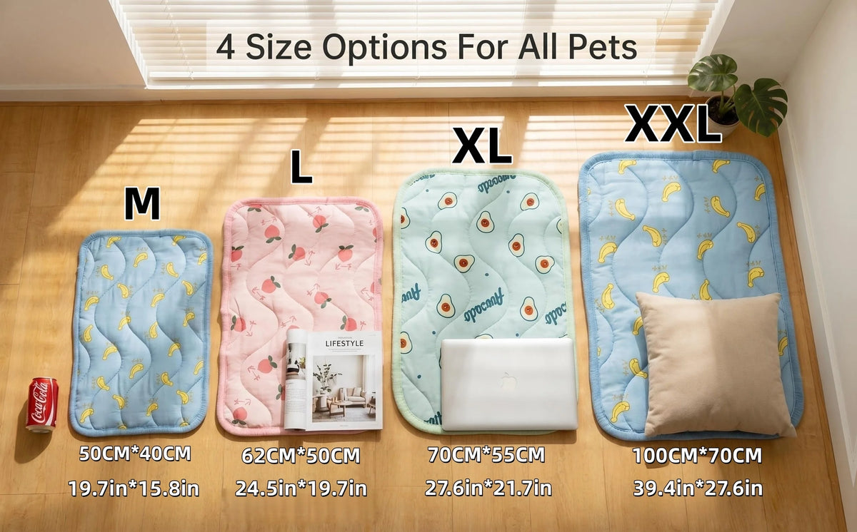 Four size options of self-cooling pet mats for dogs and cats ranging from small to extra large.