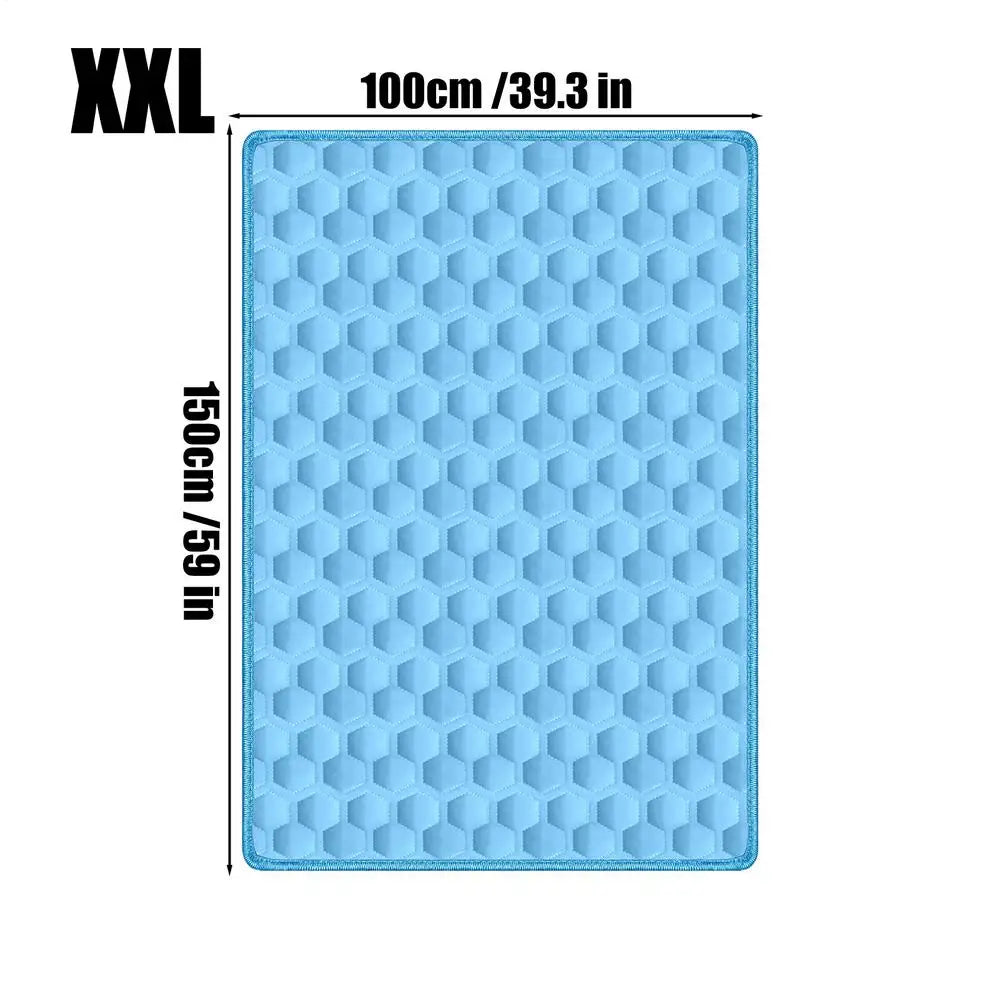 Light blue hexagonal self-cooling dog mat measuring 100cm by 150cm