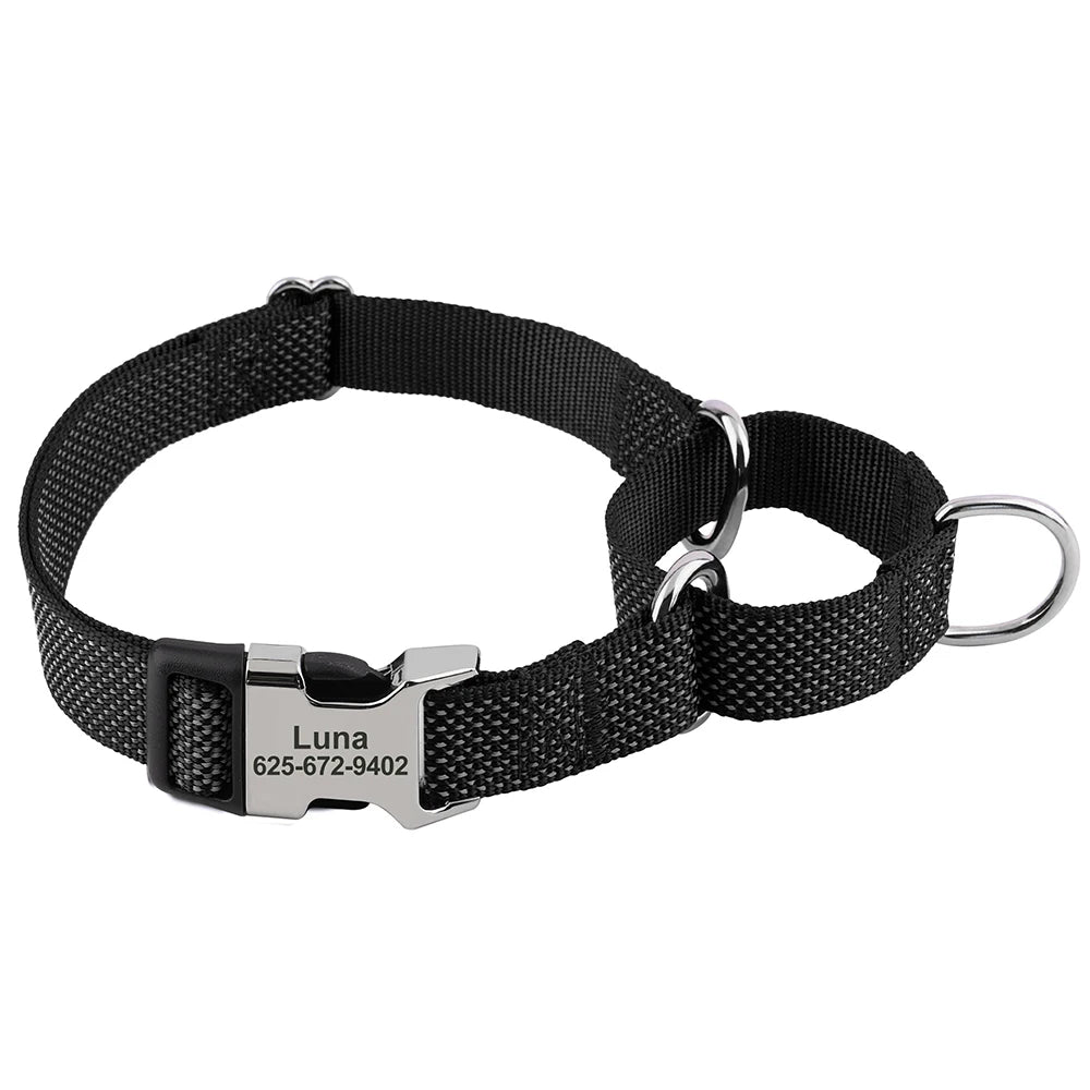 Black reflective martingale dog collar with an engraved metal buckle.
