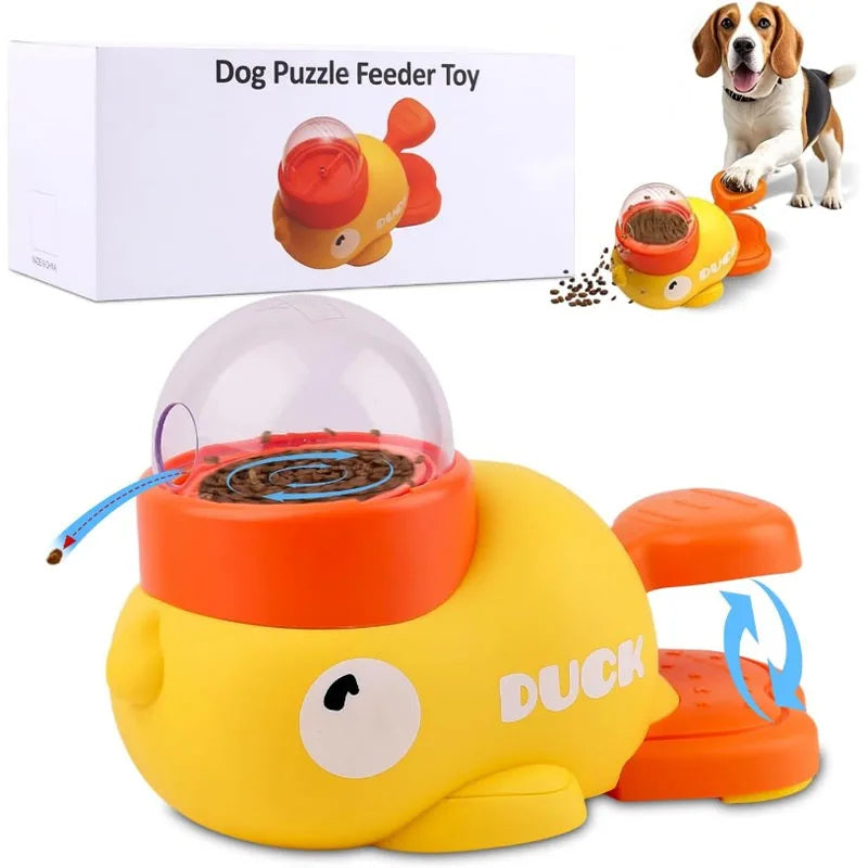 Jouet distributeur de nourriture à puzzle pour chiens, canard jaune avec couvercle orange et distributeur de friandises.