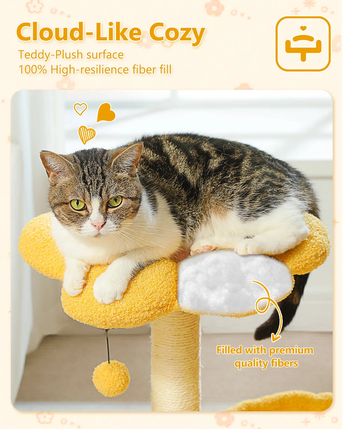 A tabby cat is relaxing on a yellow cloud-like cozy perch made of high-resilience fiber fill.