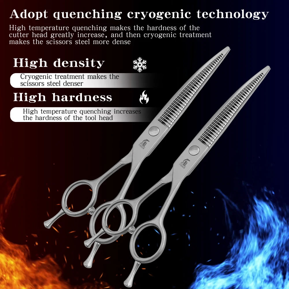 A pair of professional grooming shears shown against a dark background with fire and blue light effects.