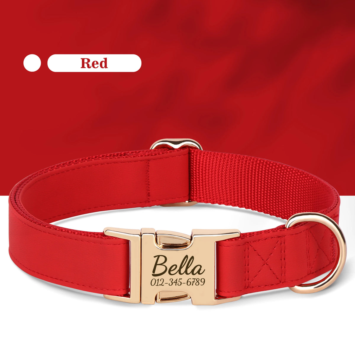 A red leather dog collar with a gold nameplate engraved with the name Bella