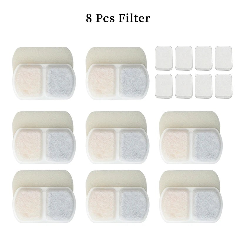 Eight replacement filters for pet water fountains, packaged in individual white plastic holders.