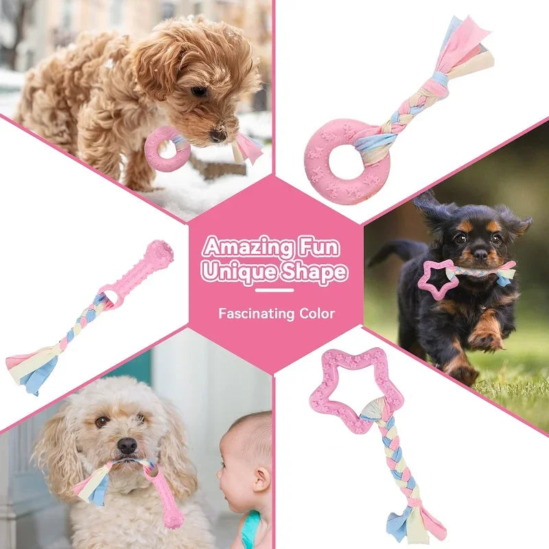 A set of pink and blue dog chew toys including a donut-shaped ring and a braided toy for small dogs.