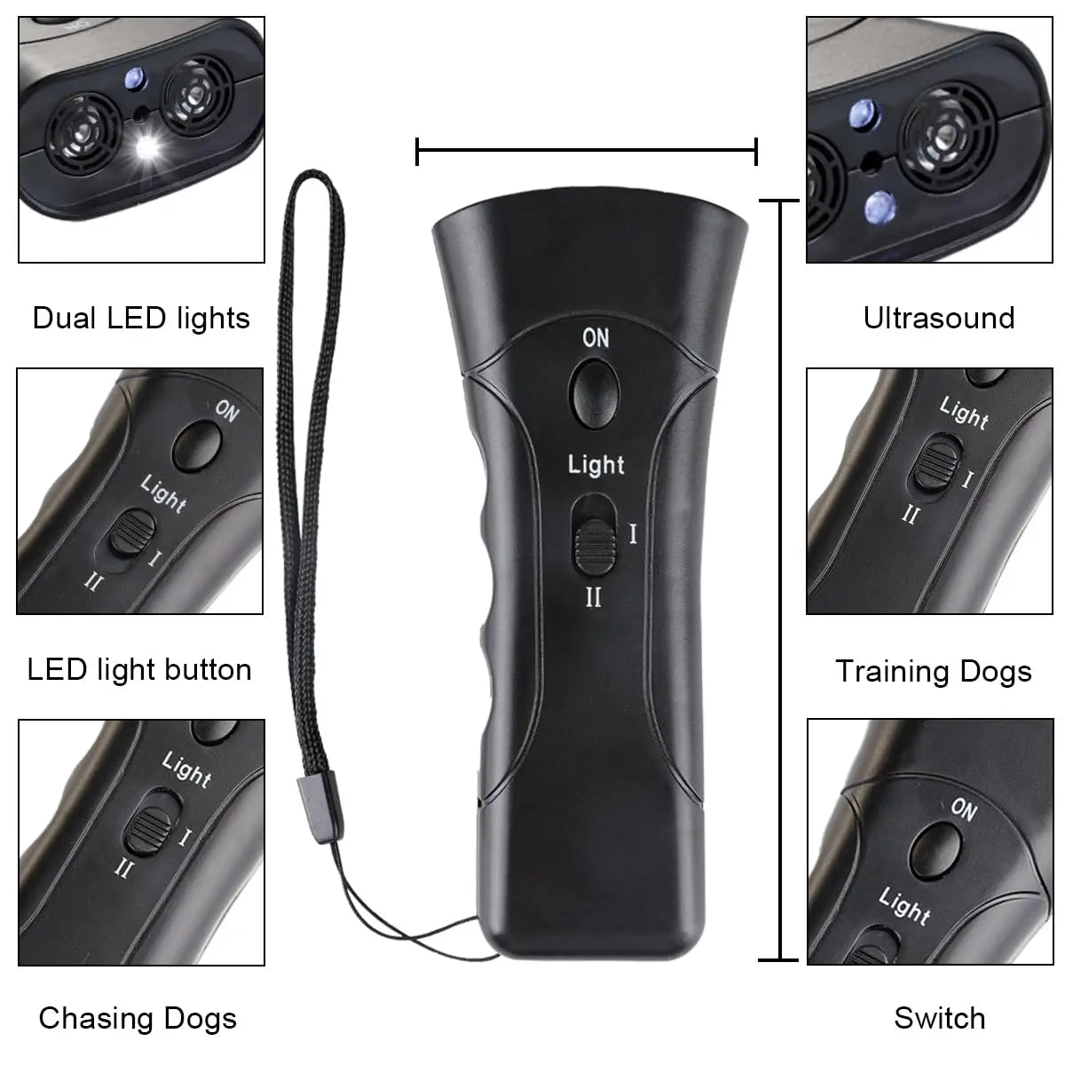 A black ultrasonic dog training device with various light modes and a switch function shown in detail.