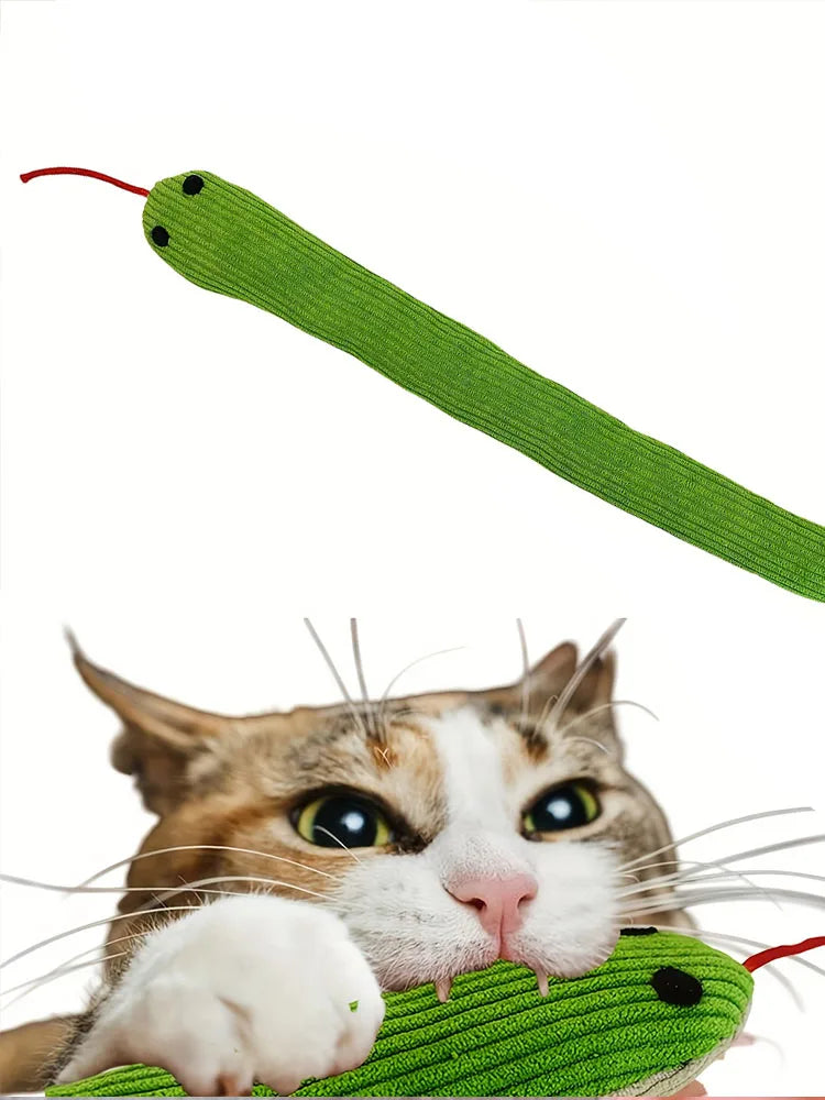 A cat is interacting with a green crinkle toy that resembles a long, flexible green tube.