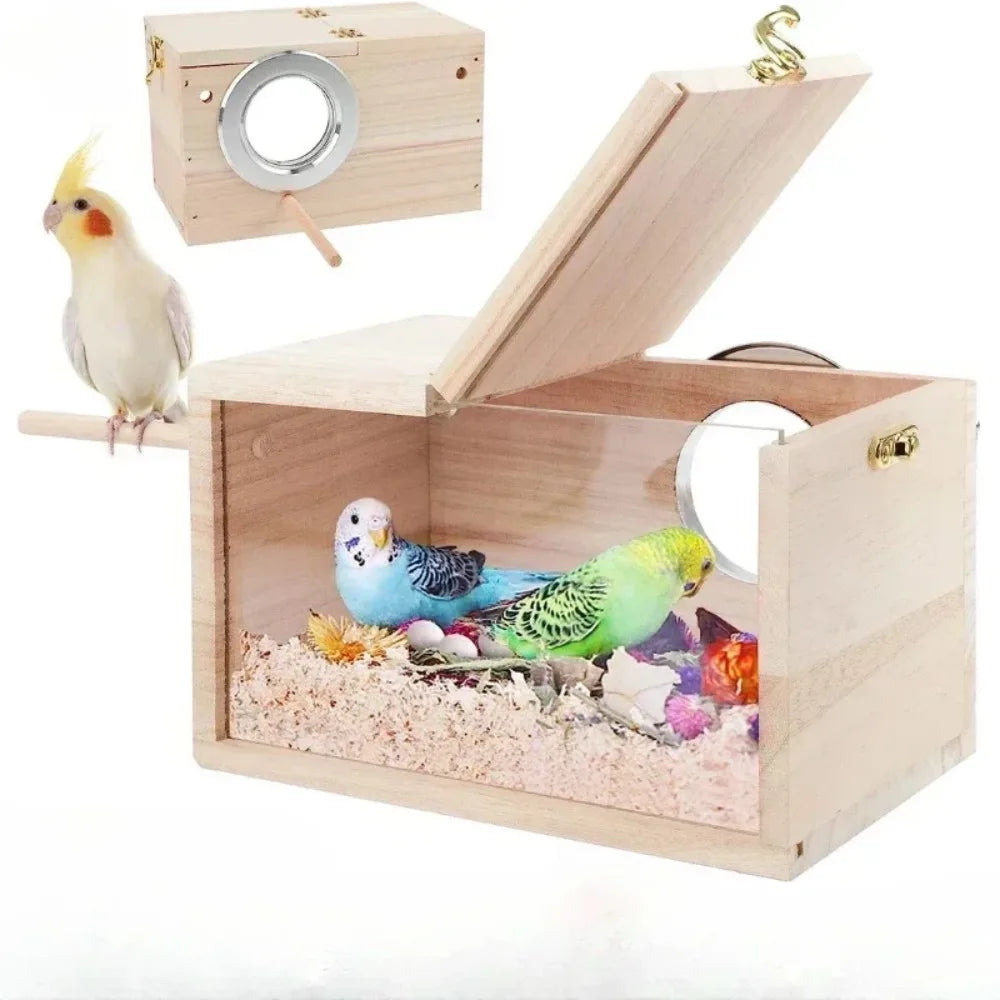 A wooden bird nesting box with a viewing panel and a small bird inside.