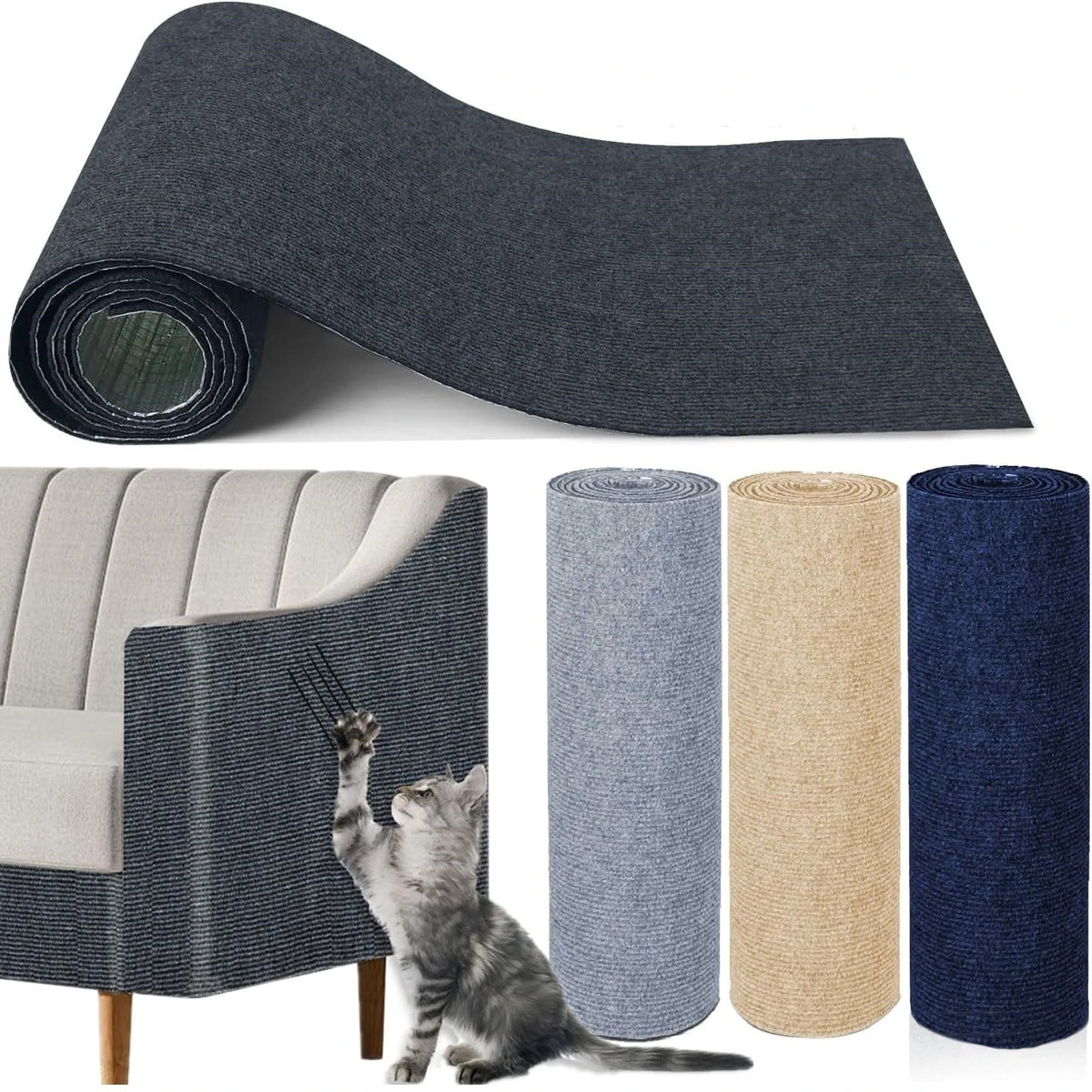 Un rollo de material autoadhesivo para rascador de gatos junto a un mueble y un gato.