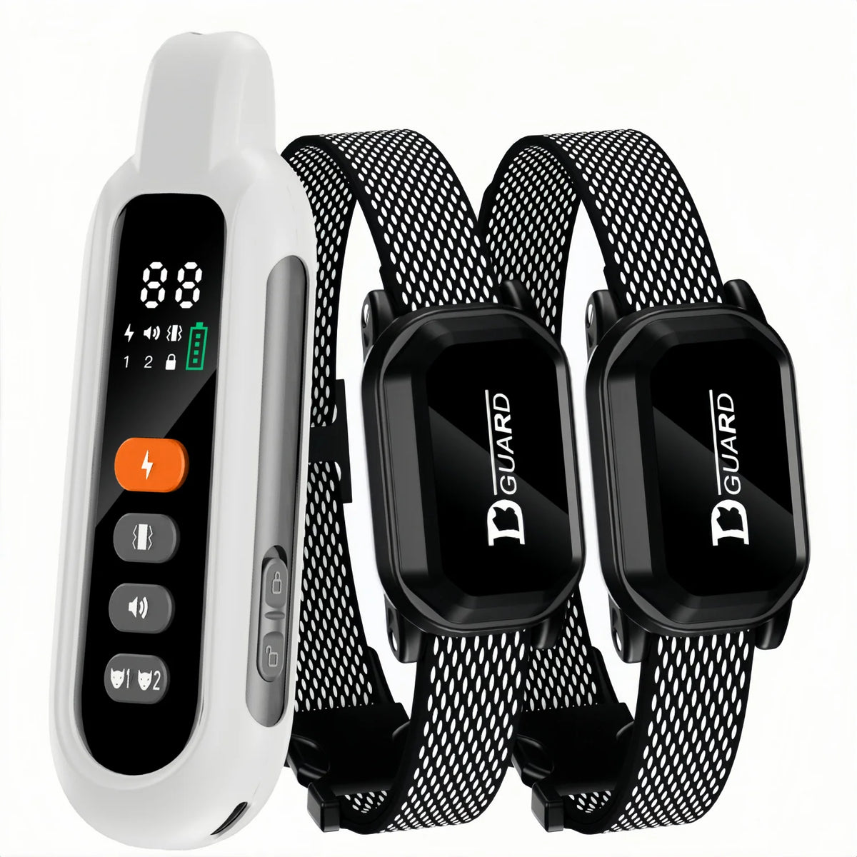 A white remote dog training collar with a black strap and two black wearable collars.