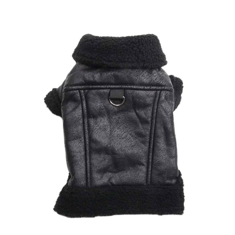 Black faux leather dog coat with a black fleece lining and collar.