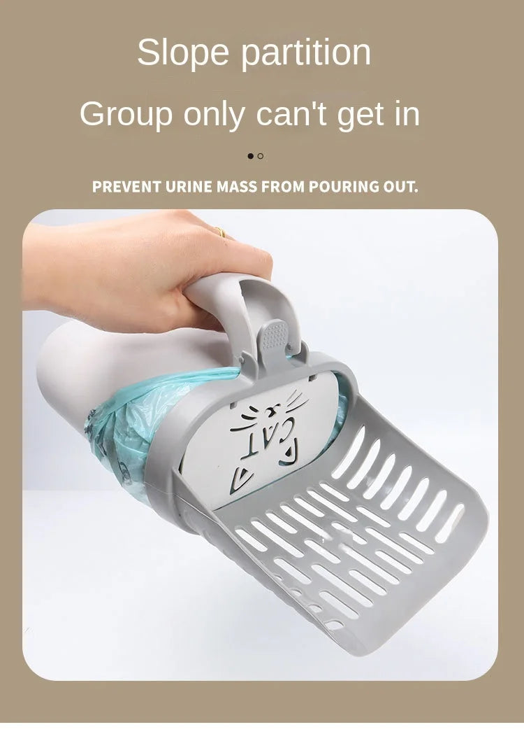 A hand is holding a gray slope partition cat litter scoop with a mesh bin and a clear plastic refill bag.