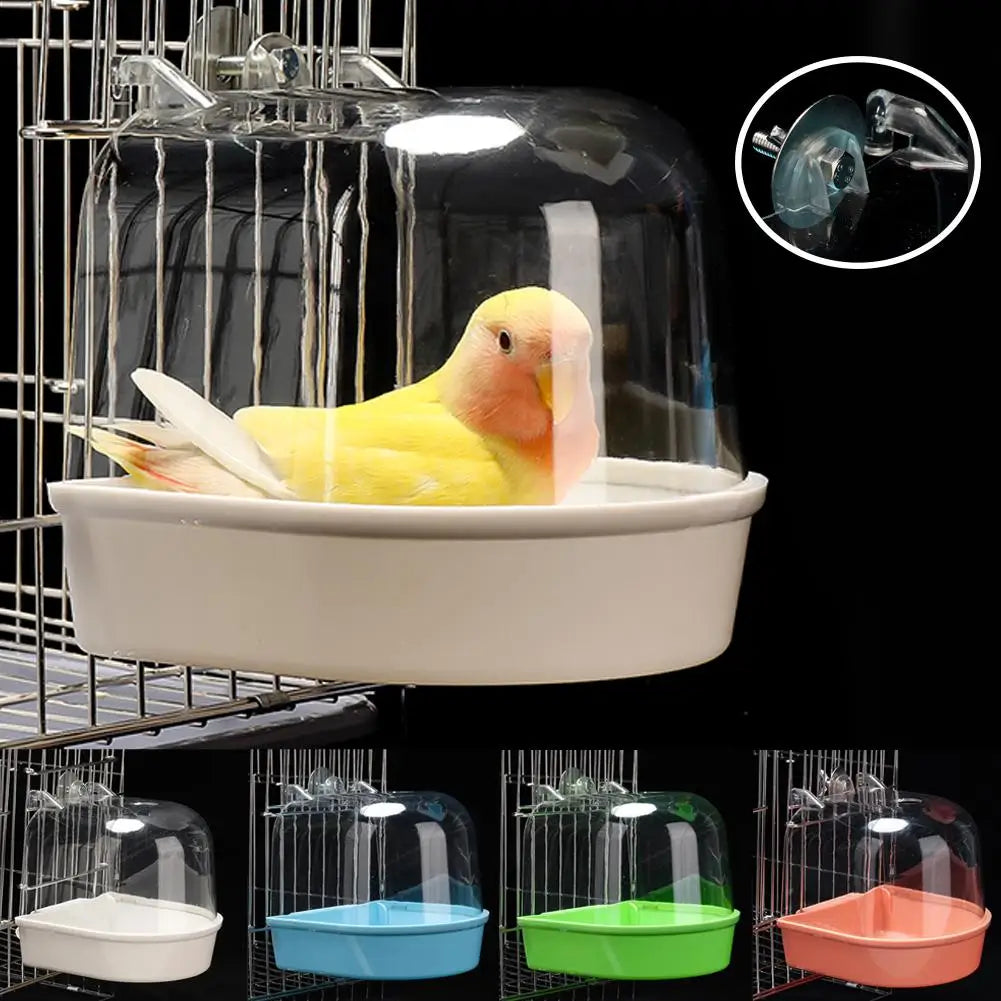 Clear hanging bird bath with a yellow bird inside, shown in various colors.