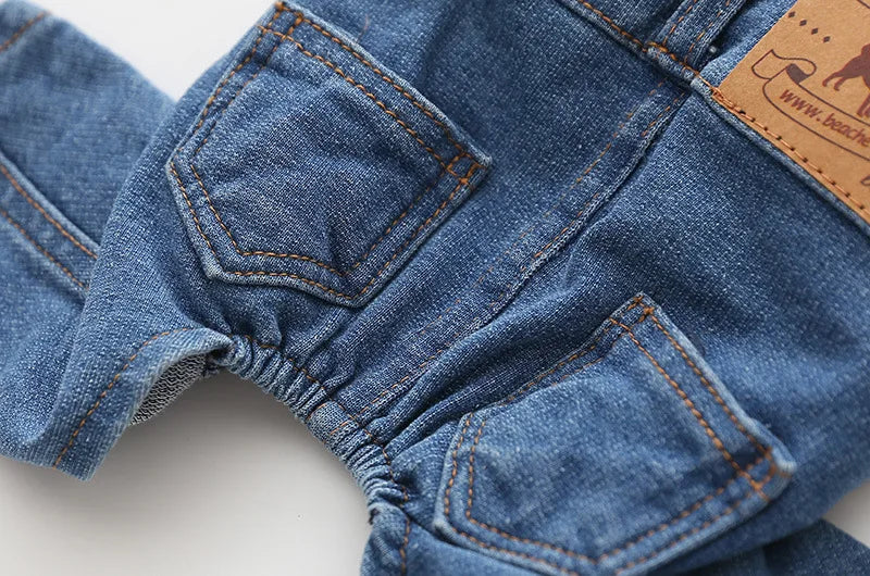 Close-up of a denim dog jumpsuit costume showing stitching and a brand tag.