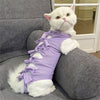 A white cat wearing a purple striped adjustable post-operative recovery vest while sitting on a gray sofa.