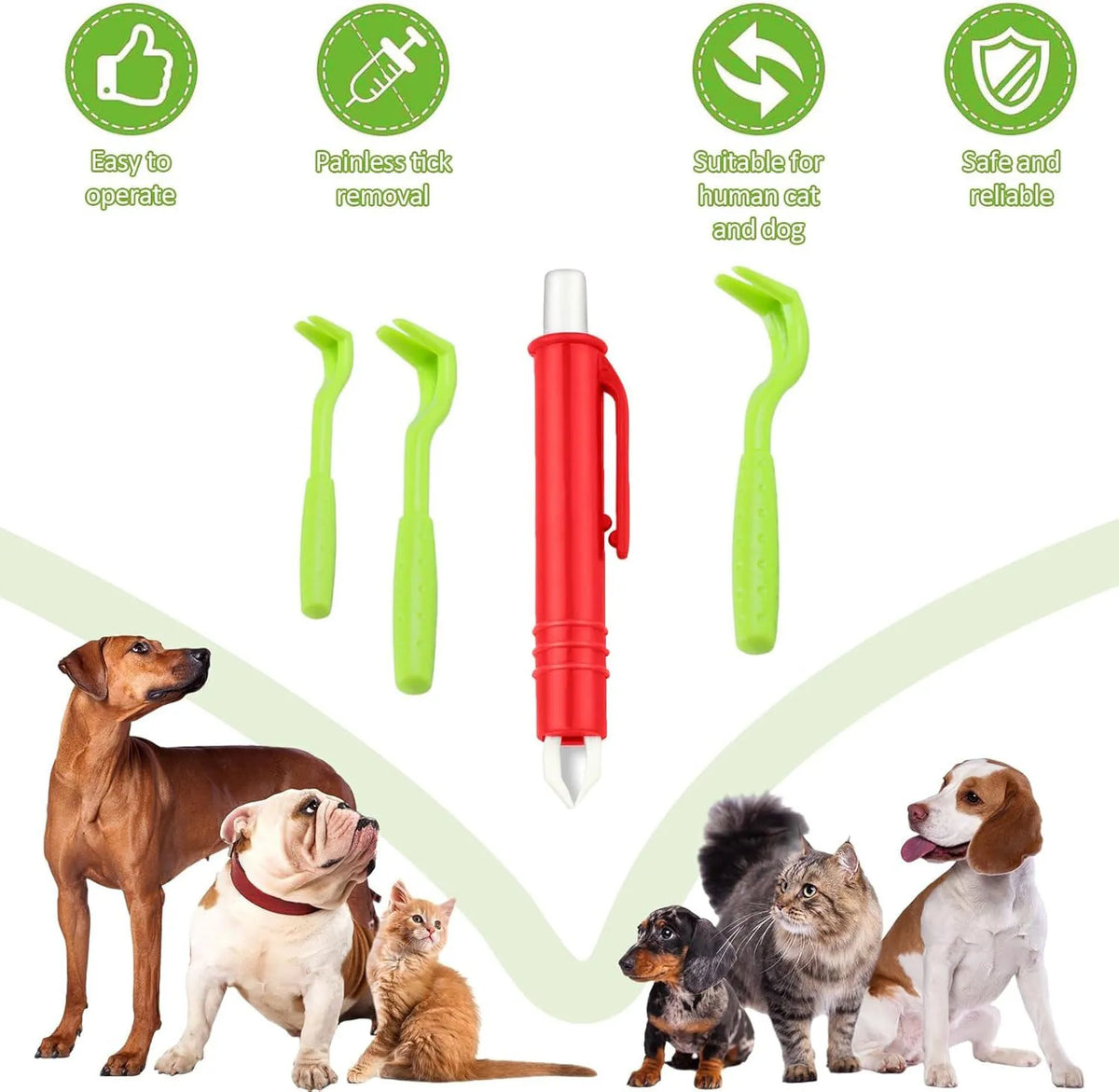 A 4-piece pet tick and flea removal tool kit shown alongside various dog and cat breeds.
