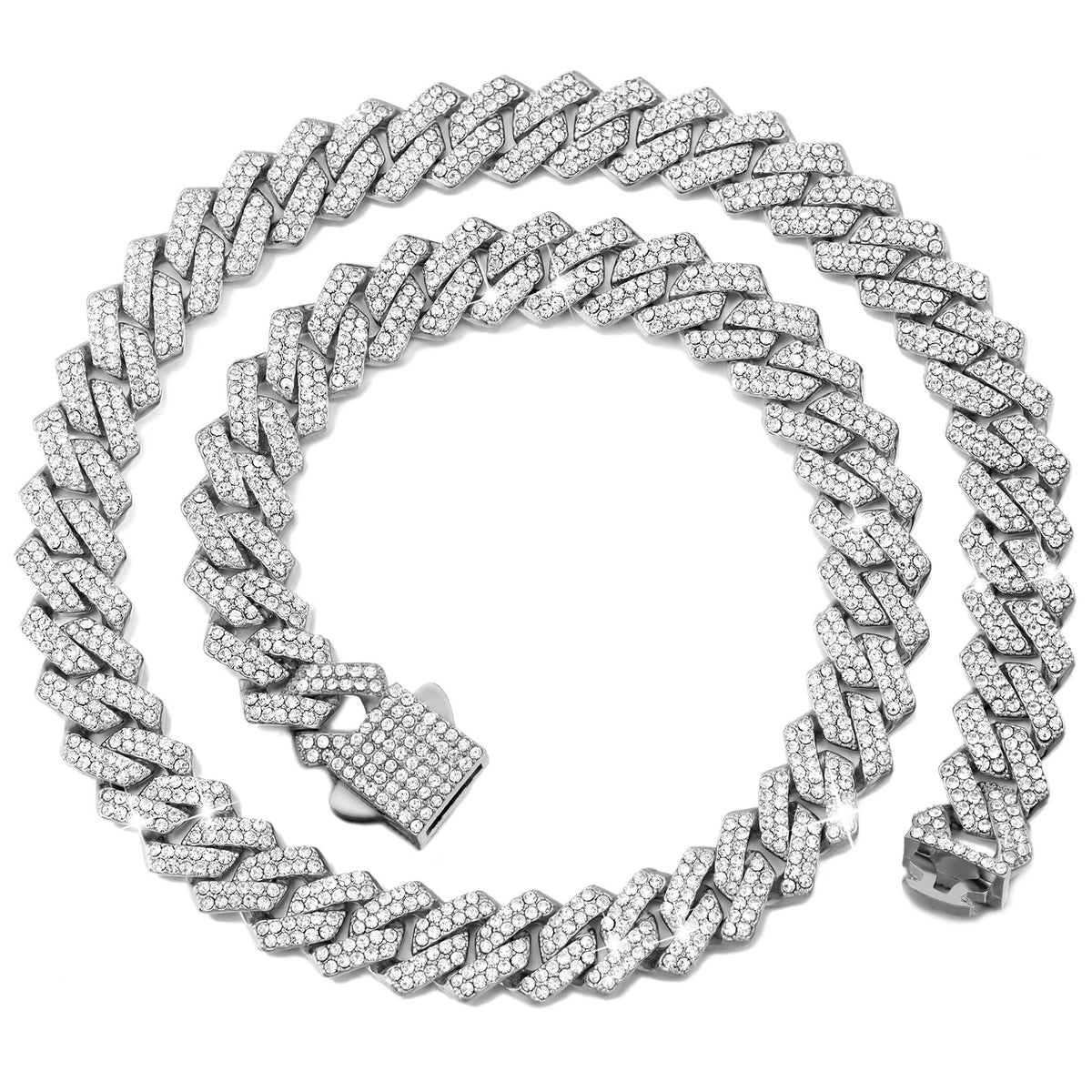 A close-up of a silver iced out Cuban link chain necklace featuring rhombus diamond accents.