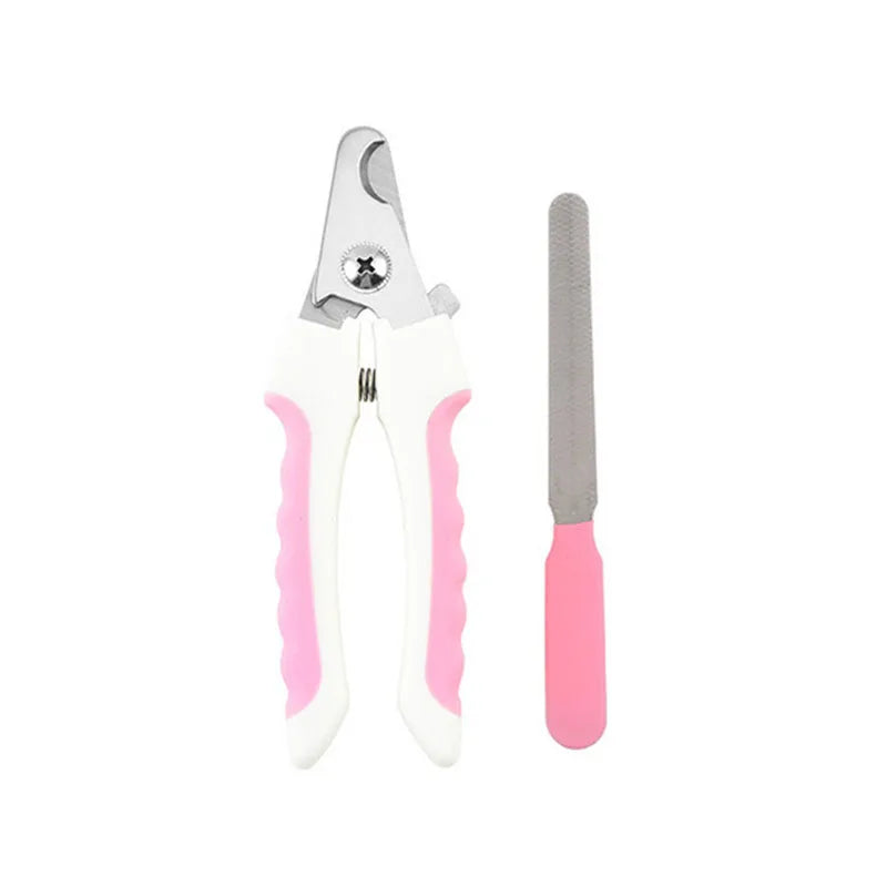 Ein Paar rosa und weißer Nagelschere für Hunde und Katzen.