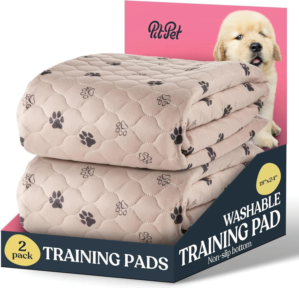 Ein Pack aus zwei beige gefütterten, waschbaren Trainingspads für Hunde, gezeigt neben einem Welpen.