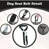 Detail view of a black dog seat belt showing adjustable length buckle, lockable buckle, and leash attachment features.
