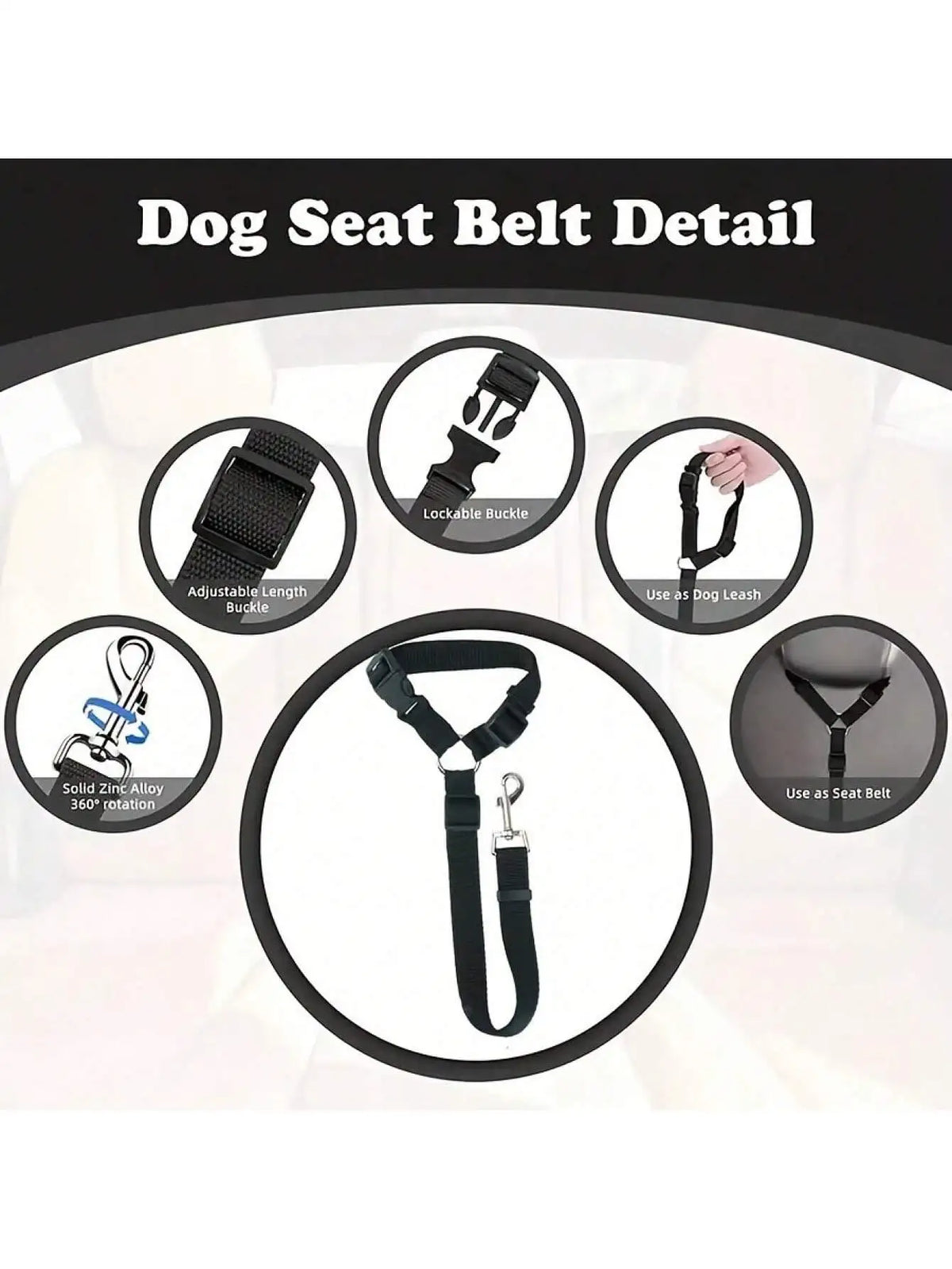 Detail view of a black dog seat belt showing adjustable length buckle, lockable buckle, and leash attachment features.
