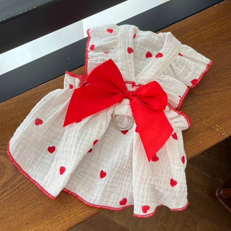 Strawberry Print Dog Dress with Bow for Small Breeds
