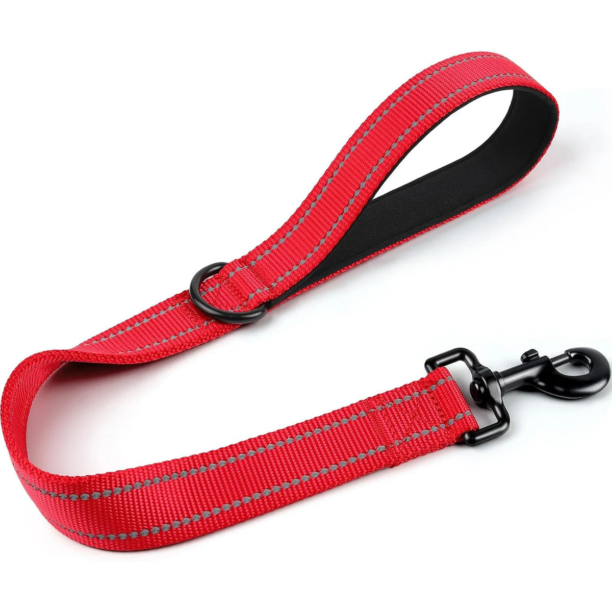A red heavy-duty short dog leash with a padded handle and reflective threads.