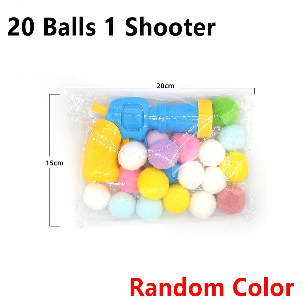 A clear plastic bag containing 20 soft plush balls and one blue shooter toy gun with random colors.