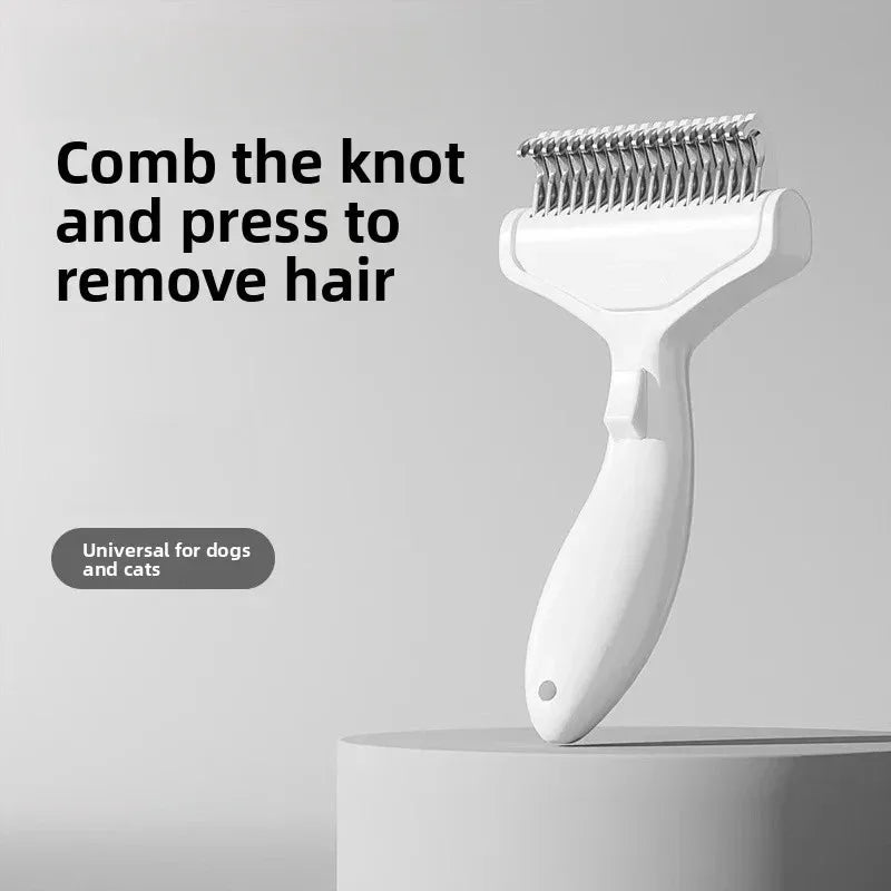A white pet grooming brush with a comb attachment is shown, ready to remove hair from dogs and cats.