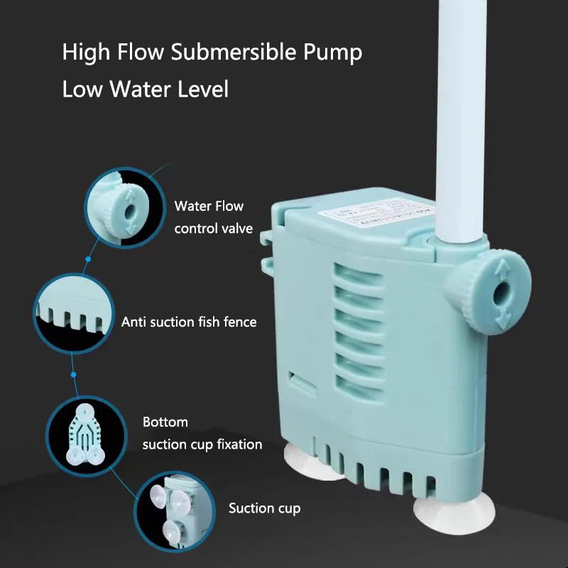 A light blue wall-mounted aquarium filter box with an integrated submersible pump and suction cup features a water flow contr