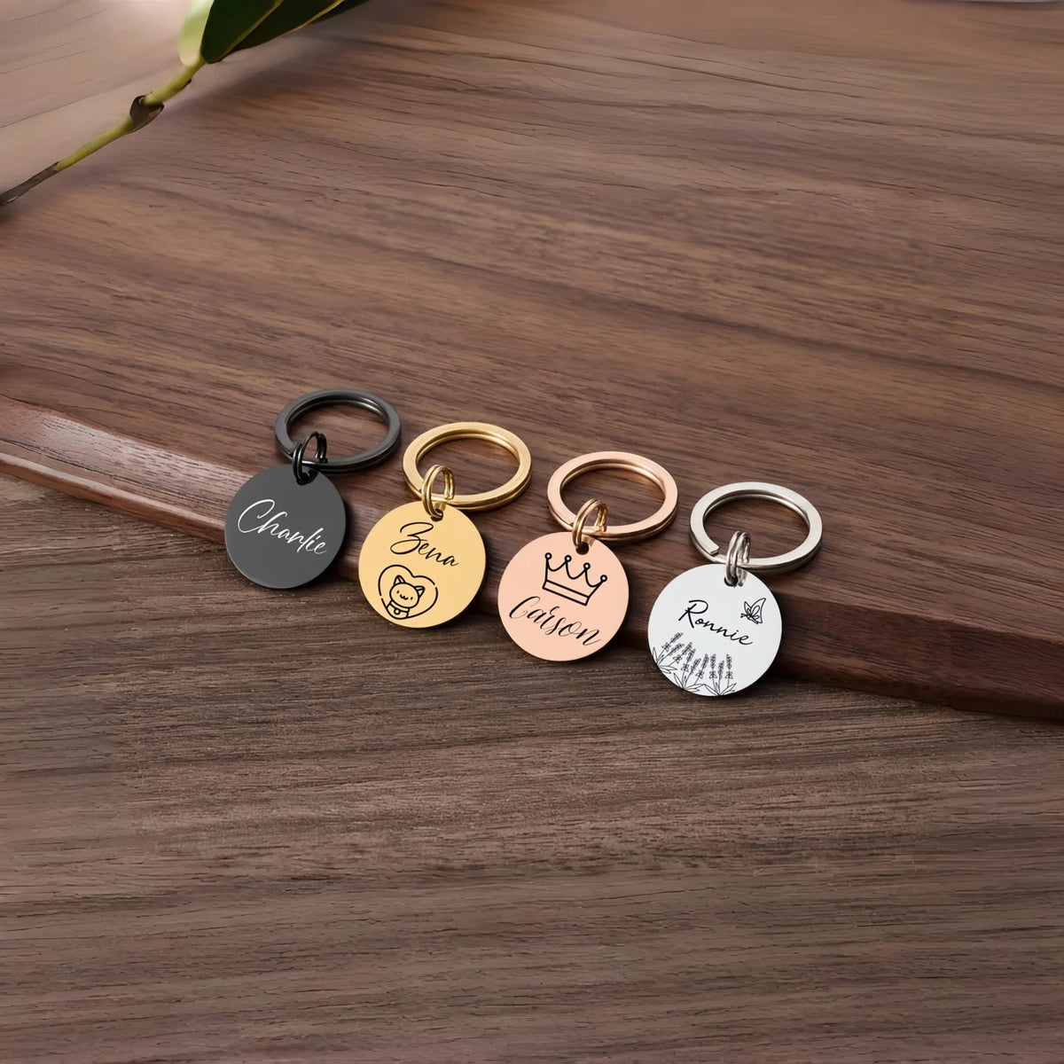 Five personalized stainless steel pet ID tags with custom engravings displayed on a wooden surface.