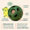 A green, refillable treat holder dog toy with drool slots and natural rubber.