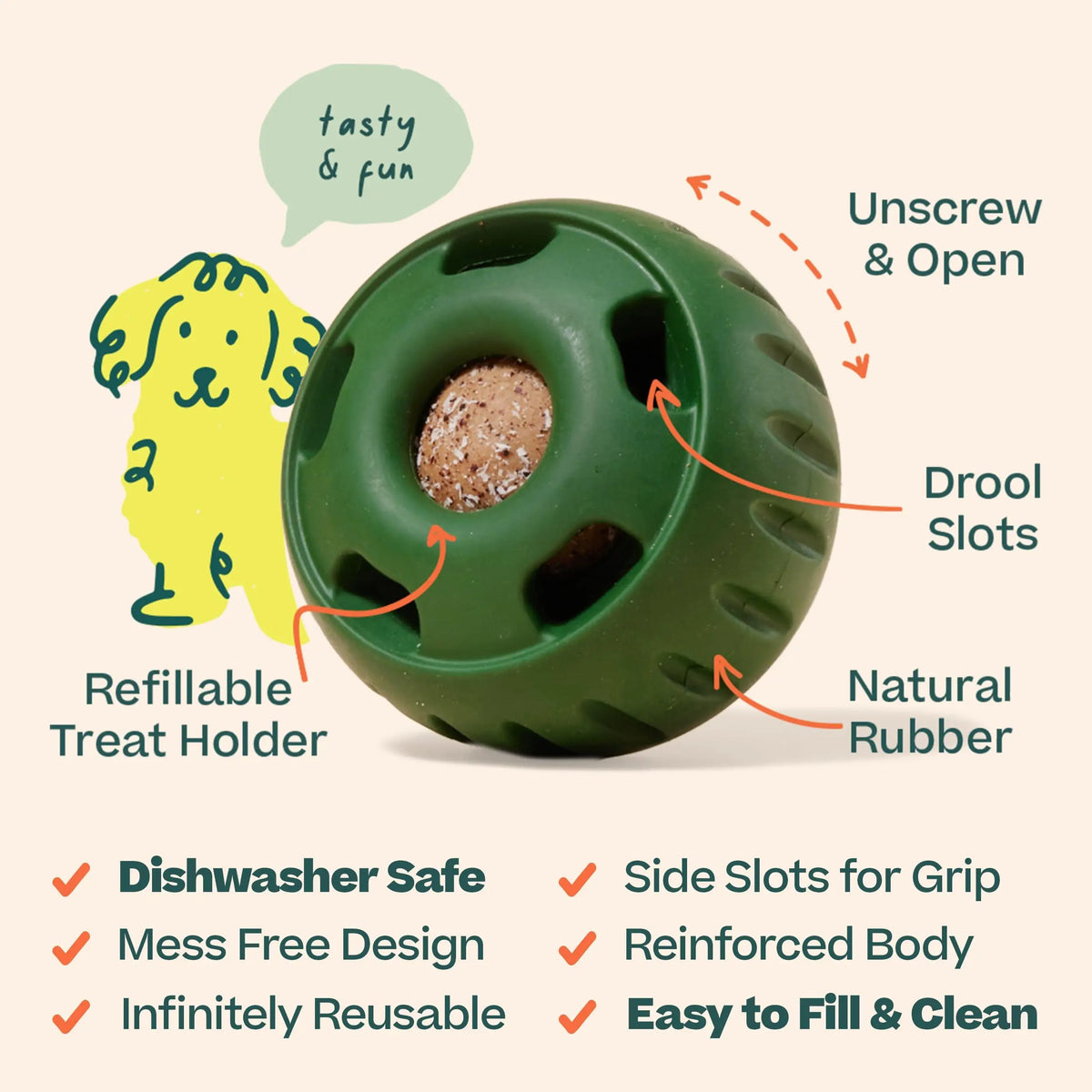 A green, refillable treat holder dog toy with drool slots and natural rubber.